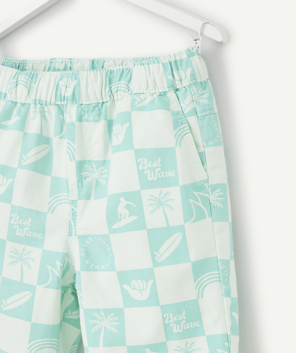 BERMUDA DROIT GARÇON VERT MENTHE IMPRIMÉ DAMIER EN FIBRES RECYCLÉES