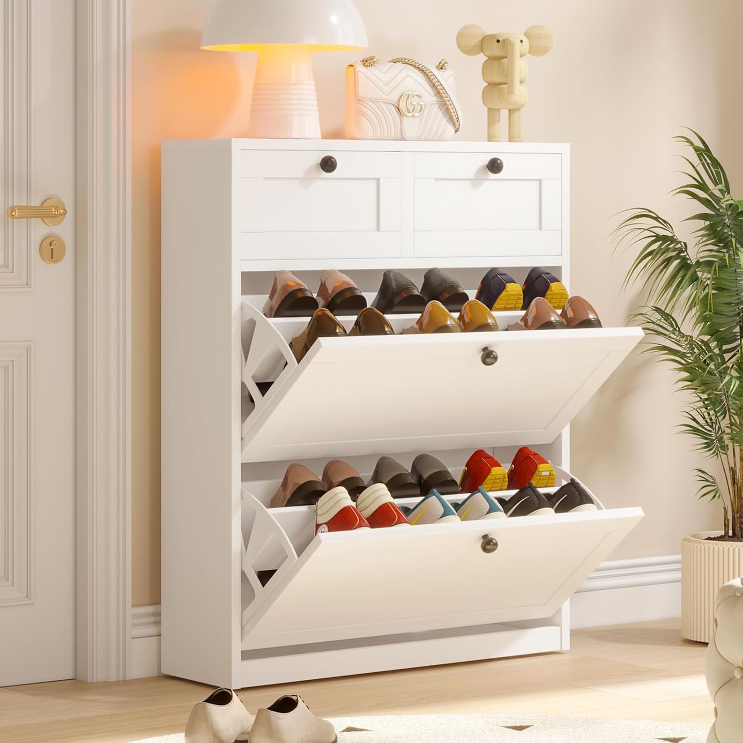 VOWNER Schuhschrank mit 2 Klappfächer, Schuhregal Schuhkipper Schmal, mit 4 Fächern, Schuhschrank Weiss, Verstellbar, Anti-Kipp-Vorrichtung für Eingangsbereich, Flur, 80 x 24 x 100 cm (Weiss)