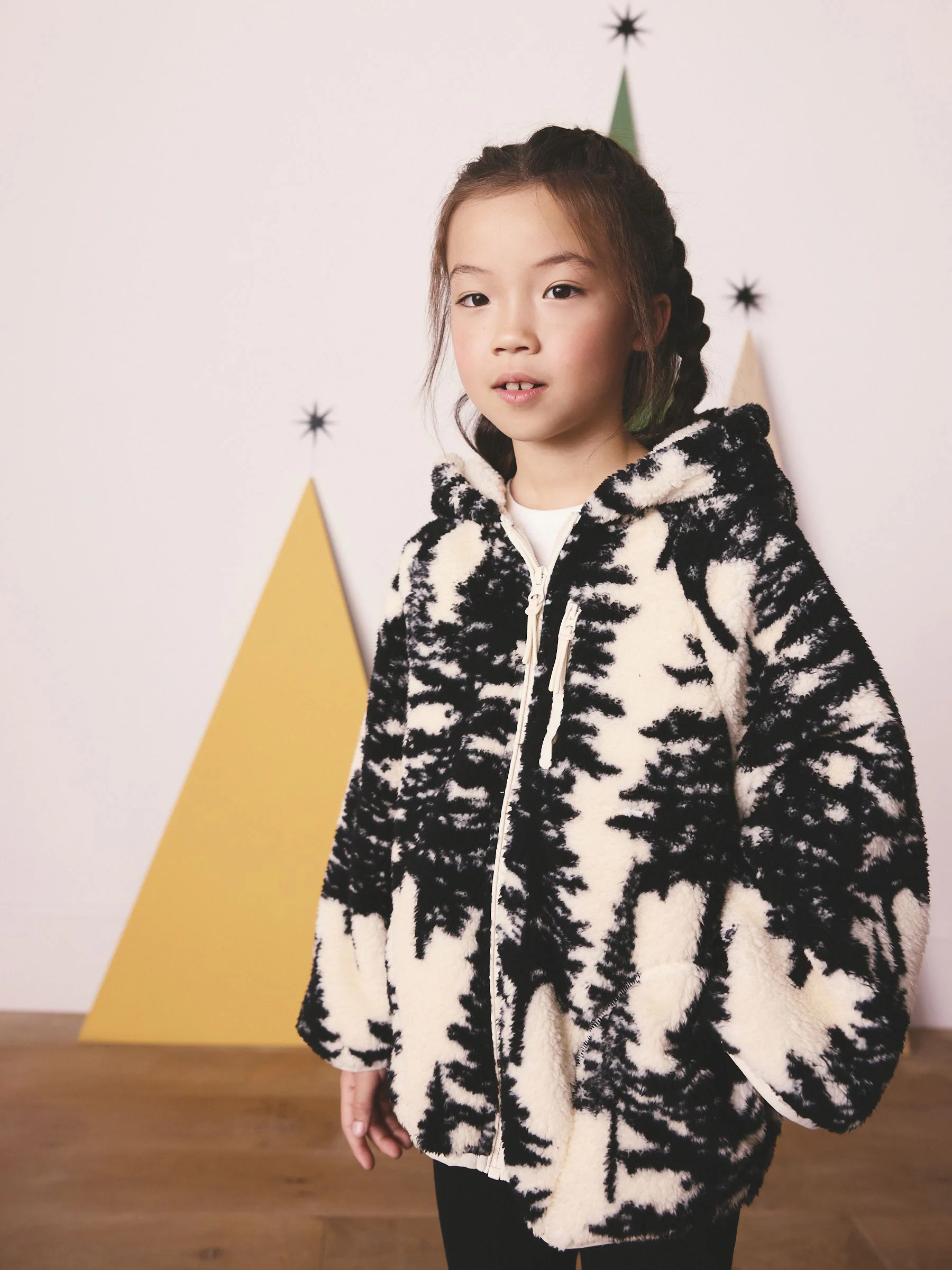 Black/Cream Tree Print - Matching Family Hooded Zip Borg Fleece Jacket (3-16yrs)