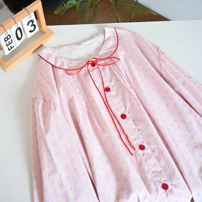 Somnus - Pyjamaset: Shirt met kanten rand en stippen + Broek