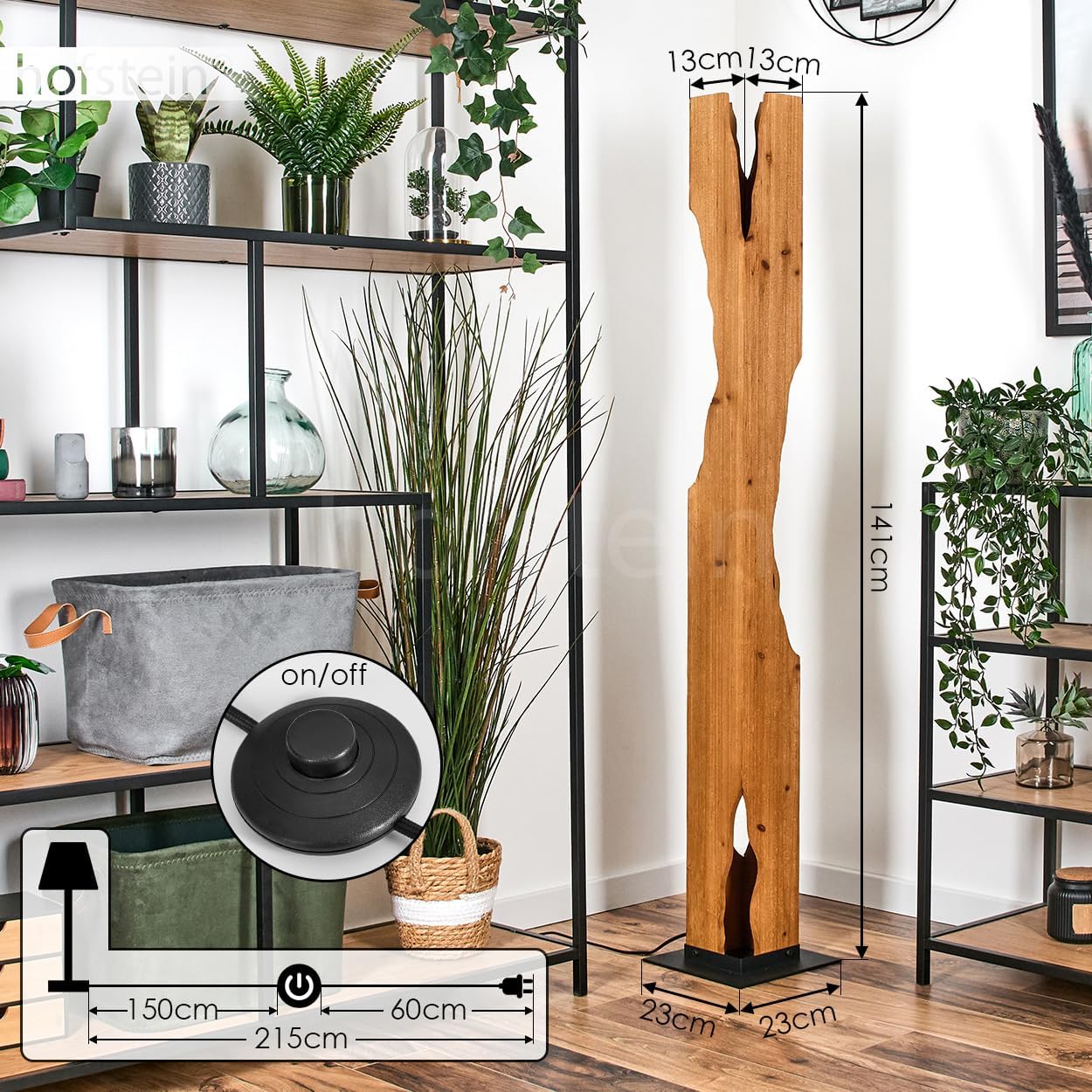 HOFSTEIN Stehleuchte Sernadelo, moderne Stehleuchte aus Metall/Bambus in Schwarz/Naturfarben, geschwungene Leuchte im Boho-Style mit Fußschalter am Kabel, Höhe 141 cm, 4 x E27, ohne Leuchtmittel