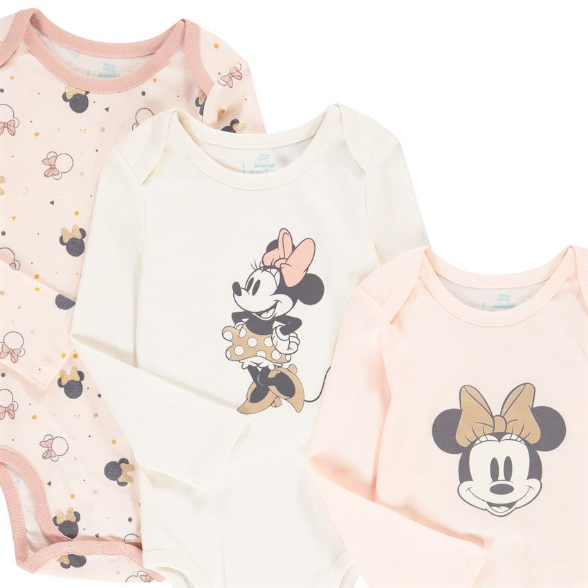 Lot de 3 bodies manches longues Minnie Disney en coton pour bébé fille - Rose