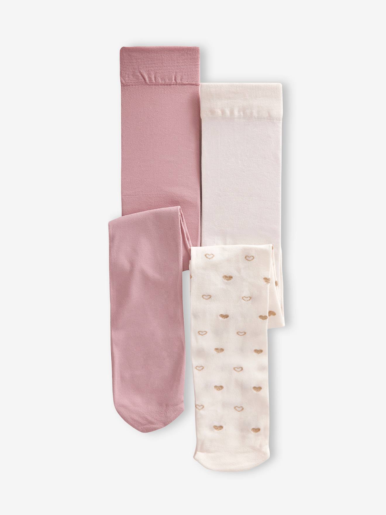 Pacote com 2 pares de meias-calças de bebê lisas com estampa de corações na cor rosa antigo.