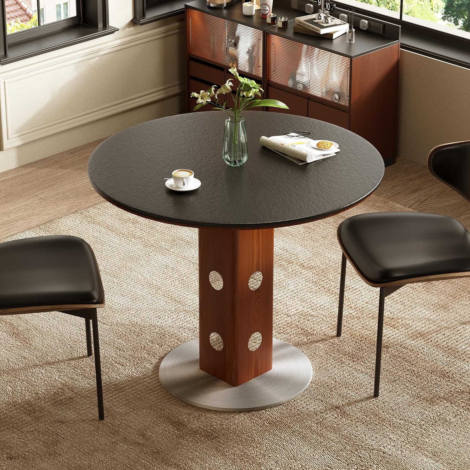 KAANAA Runder Esstisch 90 cm Modern Minimalist Stil – Küchentisch Esszimmertisch mit Sinterstein-Tischplatte und Holz-Metallgestell, schwarz passend für Wohnzimmer, Esszimmer und Küche（schwarz）