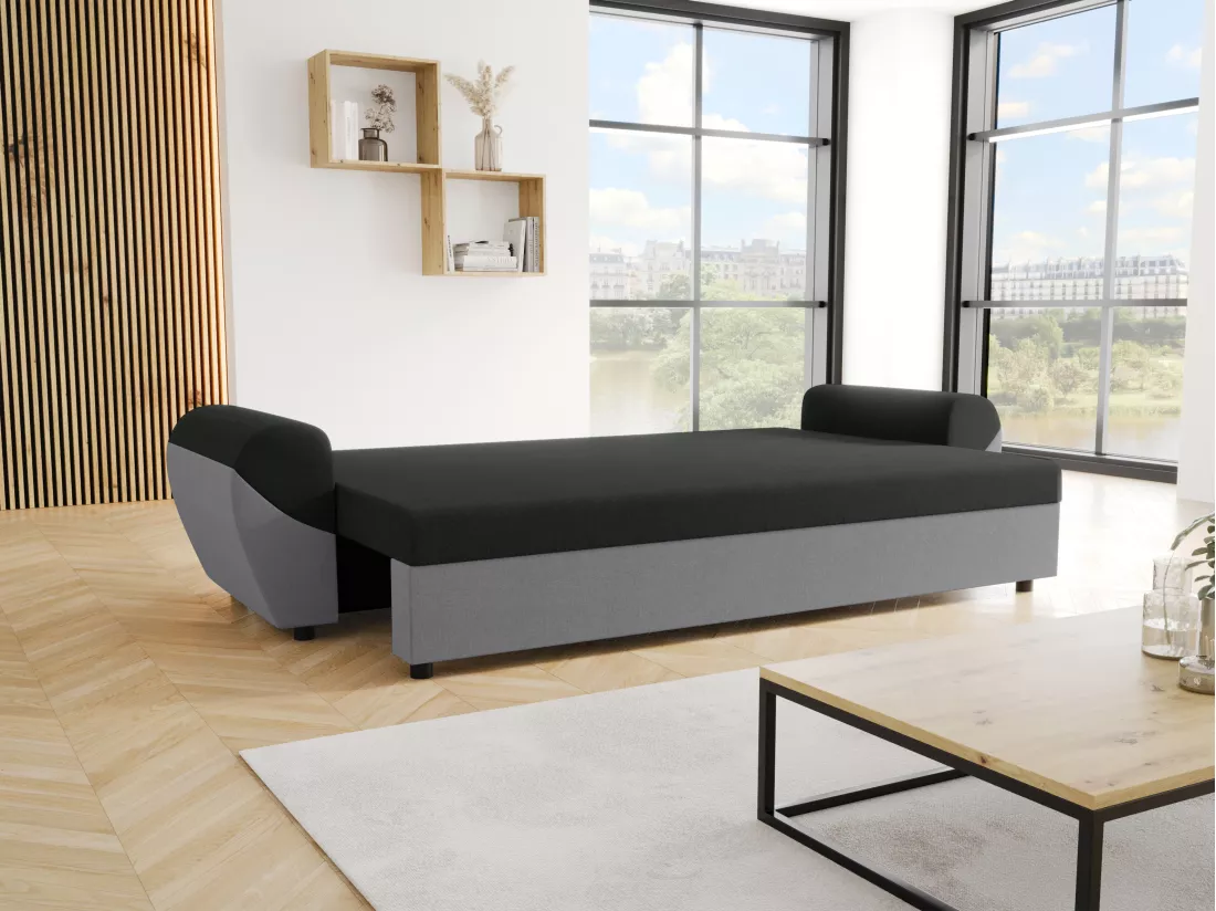 Canapé 3 places convertible en tissu noir et gris LIERNO