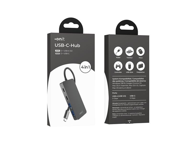 onit USB-C-Hub 2A2C Leichter und kompakter Hub mit 2 USB-A- und 2 USB-C-Ports
