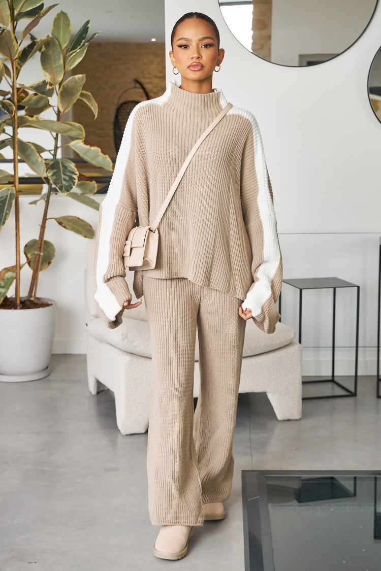 Ensemble 2 pièces pull + pantalon en maille beige foncé/blanc