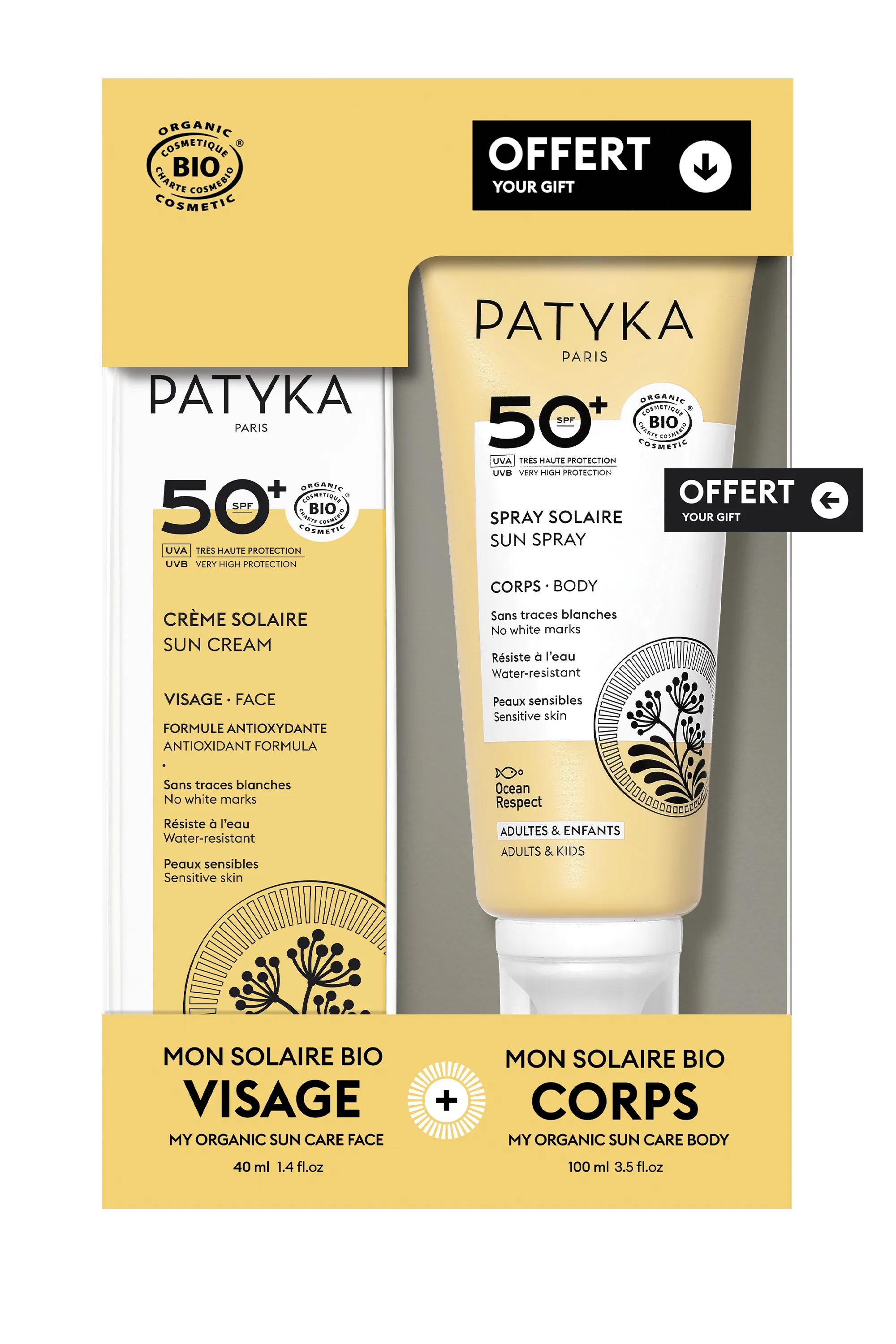 Patyka Duo Solaire crème solaire visage SPF50+ et spray solaire corps SFP50+ 100ml offert-140 ml