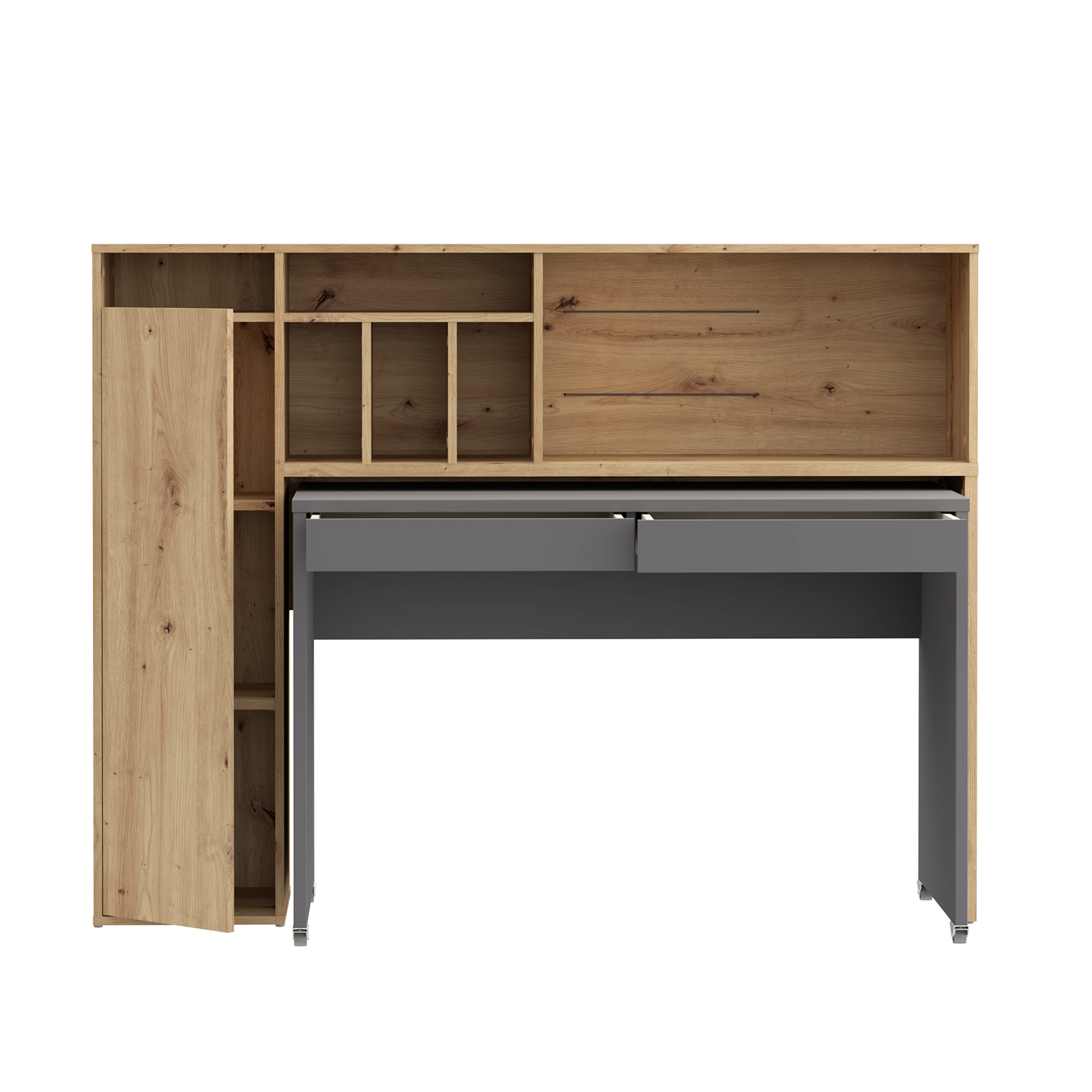 Schreibtischsystem - Artisan Eiche-Wolfram grau - mit Rollen - 154 cm
