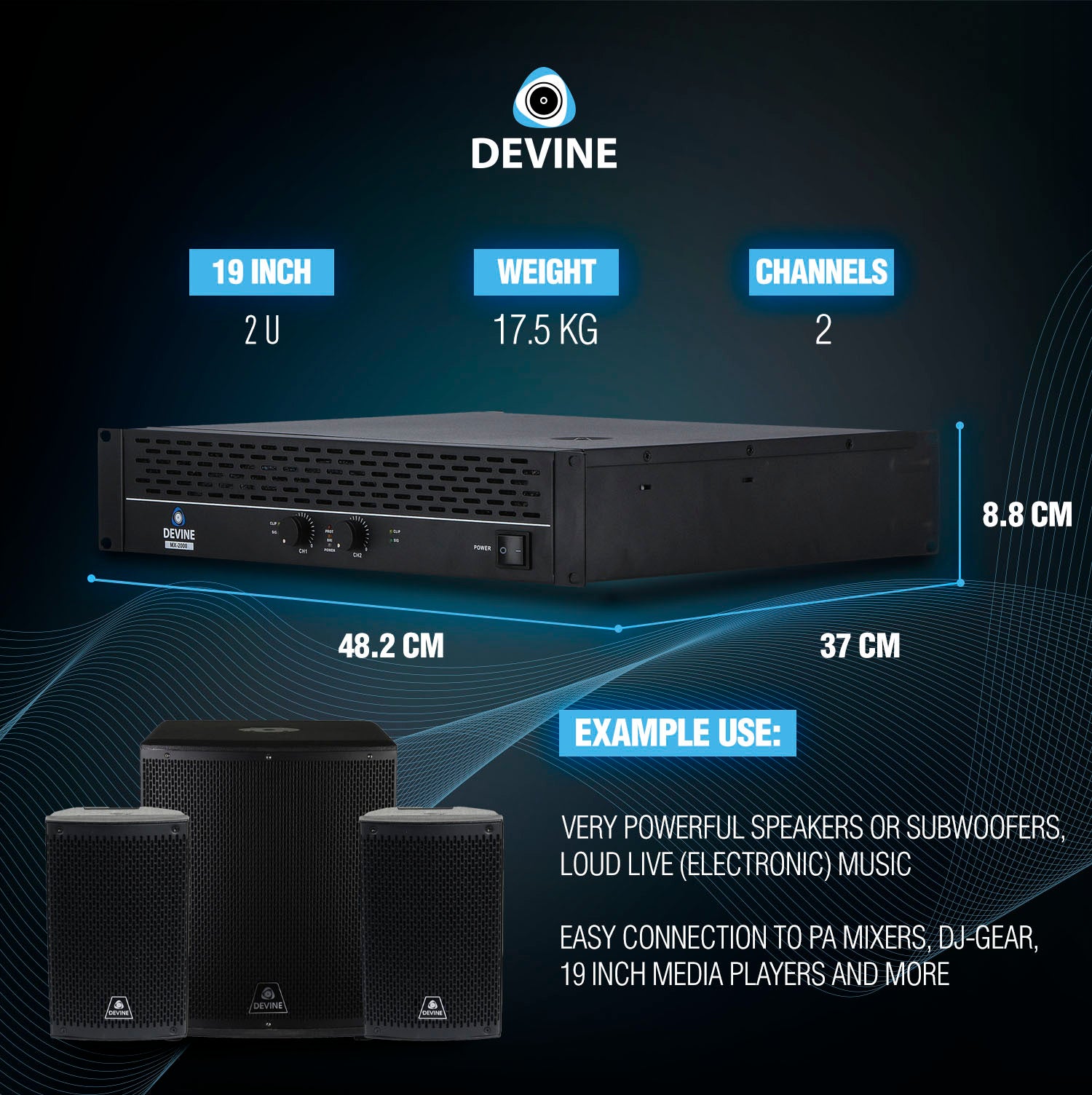 Devine MX-2000 2-kanaals PA-eindversterker 2x 1000W @ 8 Ohm