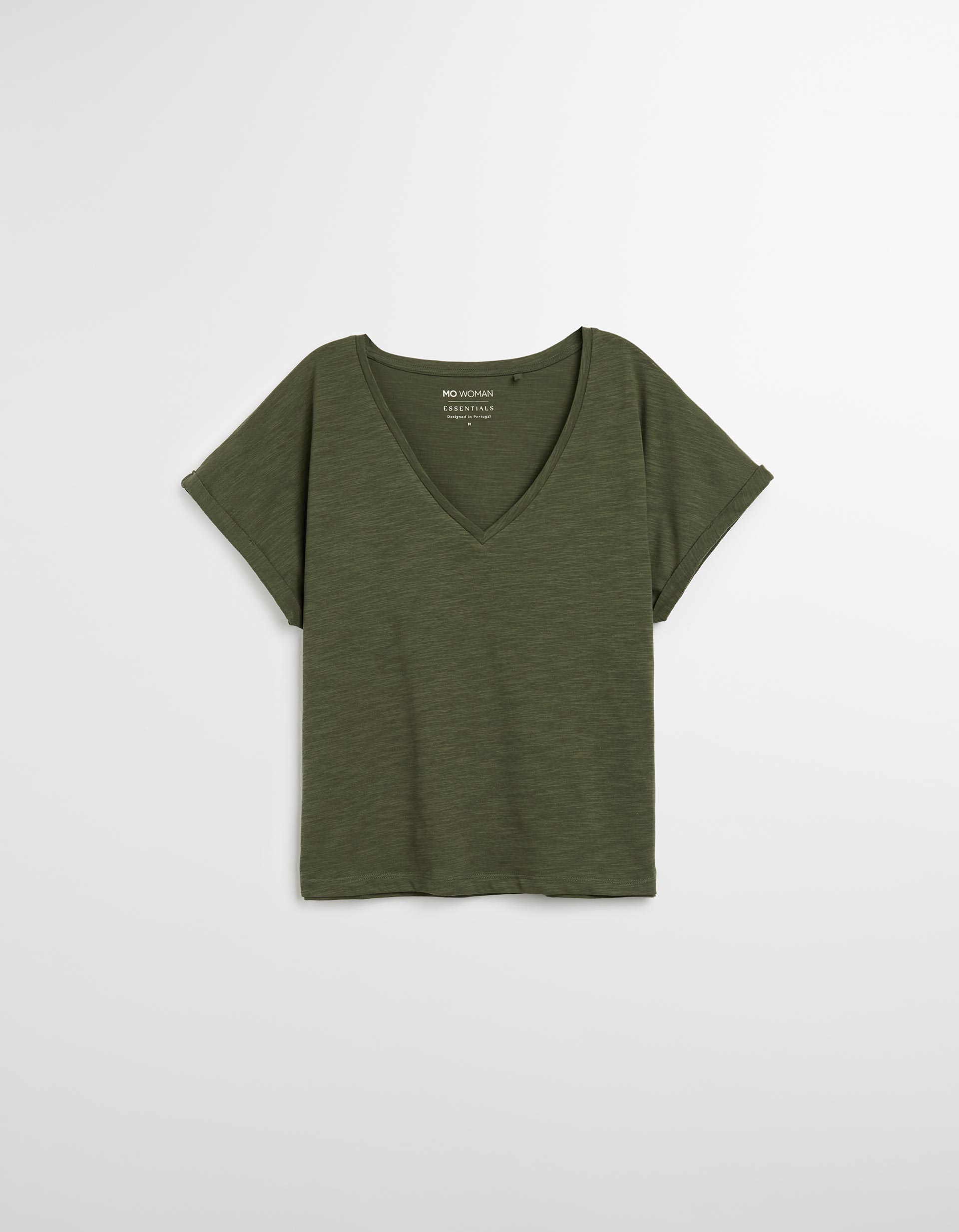 T-shirt Decote em V, Mulher, Verde Escuro