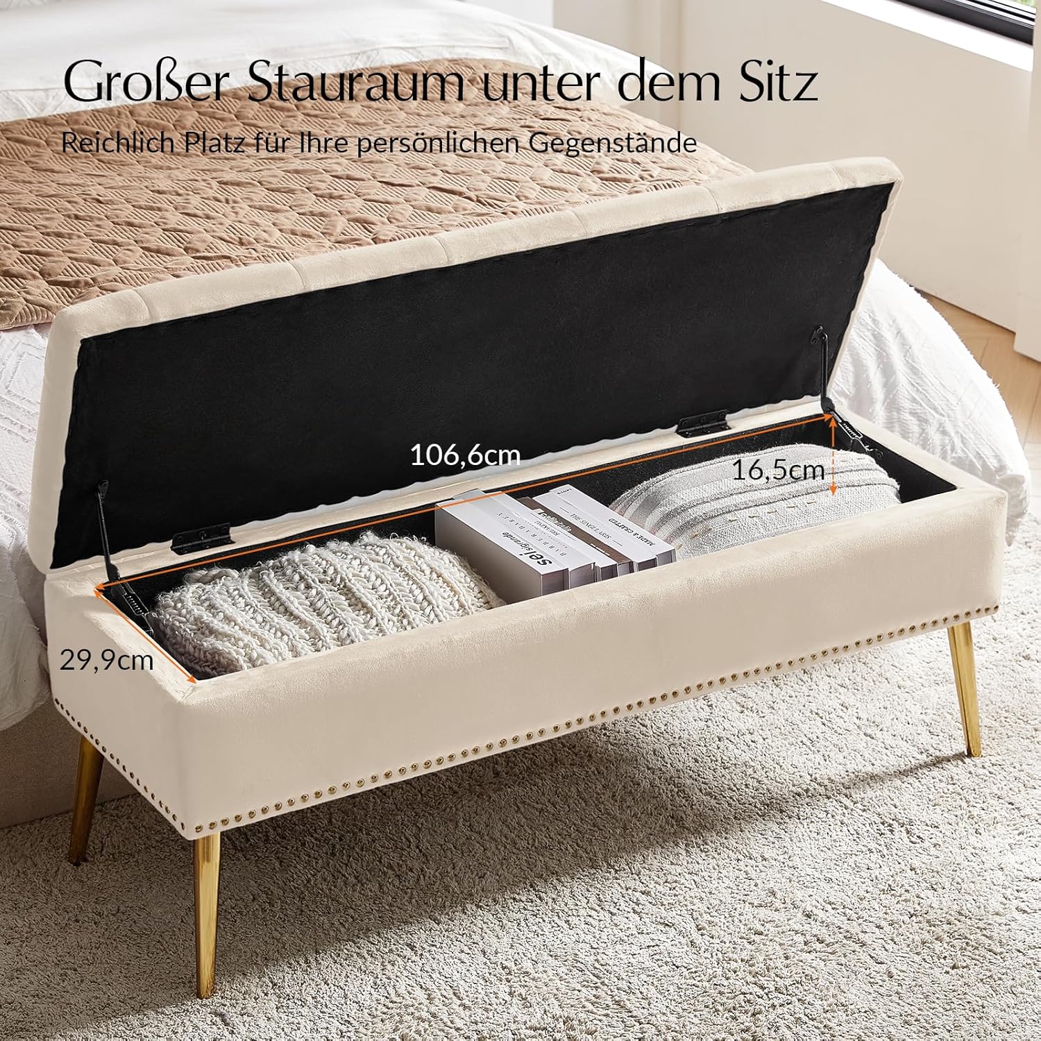 HULALA HOME Sitzbank mit Stauraum, Sitztruhe mit Nailhead-Besatz, Bettbank aus Samt, Bank mit goldenen Metallbeinen für Flur, Eingangsbereich, Wohnzimmer, Schlafzimmer, Tan (Beige)