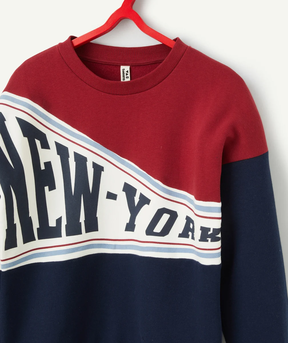 SWEAT FILLE EN FIBRES RECYCLÉES BLEU ET ROUGE AVEC MESSAGE NEW YORK