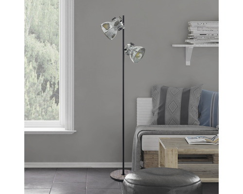 Staande lamp, 2-lichts, H 158 cm, Barnstaple, bruin patina/zwart, met voetschakelaar