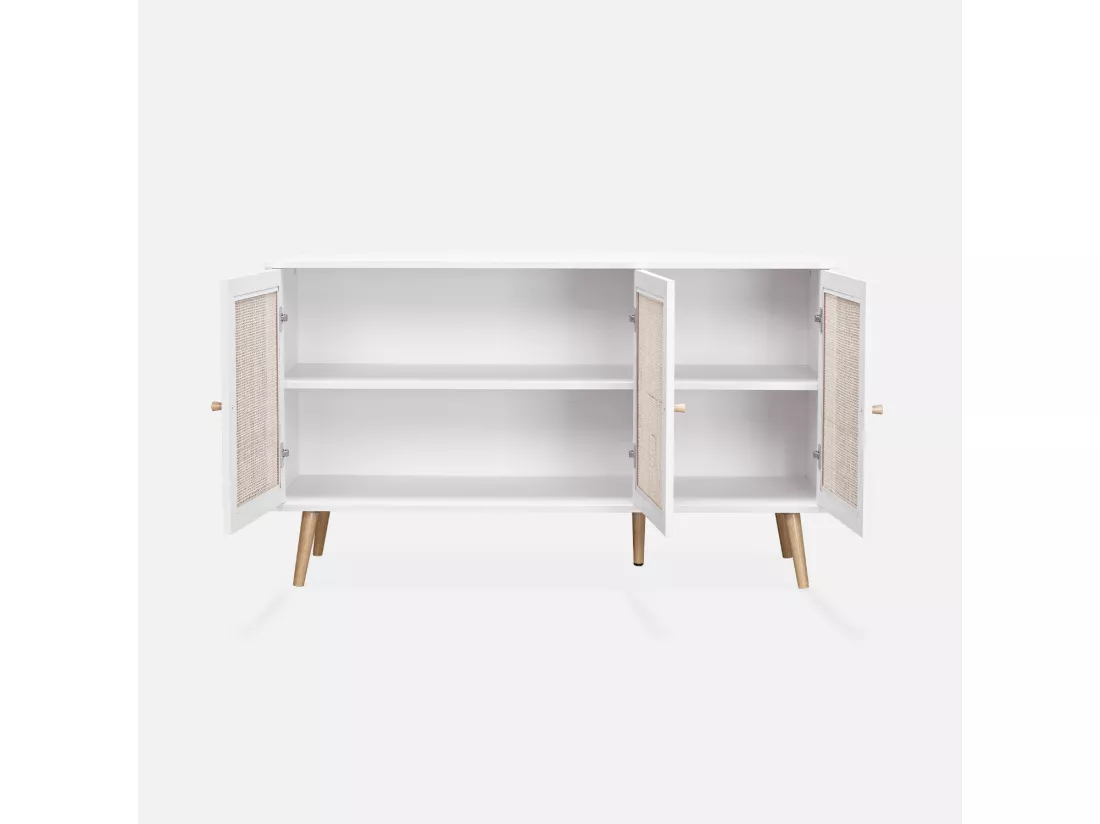 Buffet de rangement en cannage. blanc 120x39x70cm - Bohème - 2 niveaux. 3 portes. pieds scandinaves. buffet bas