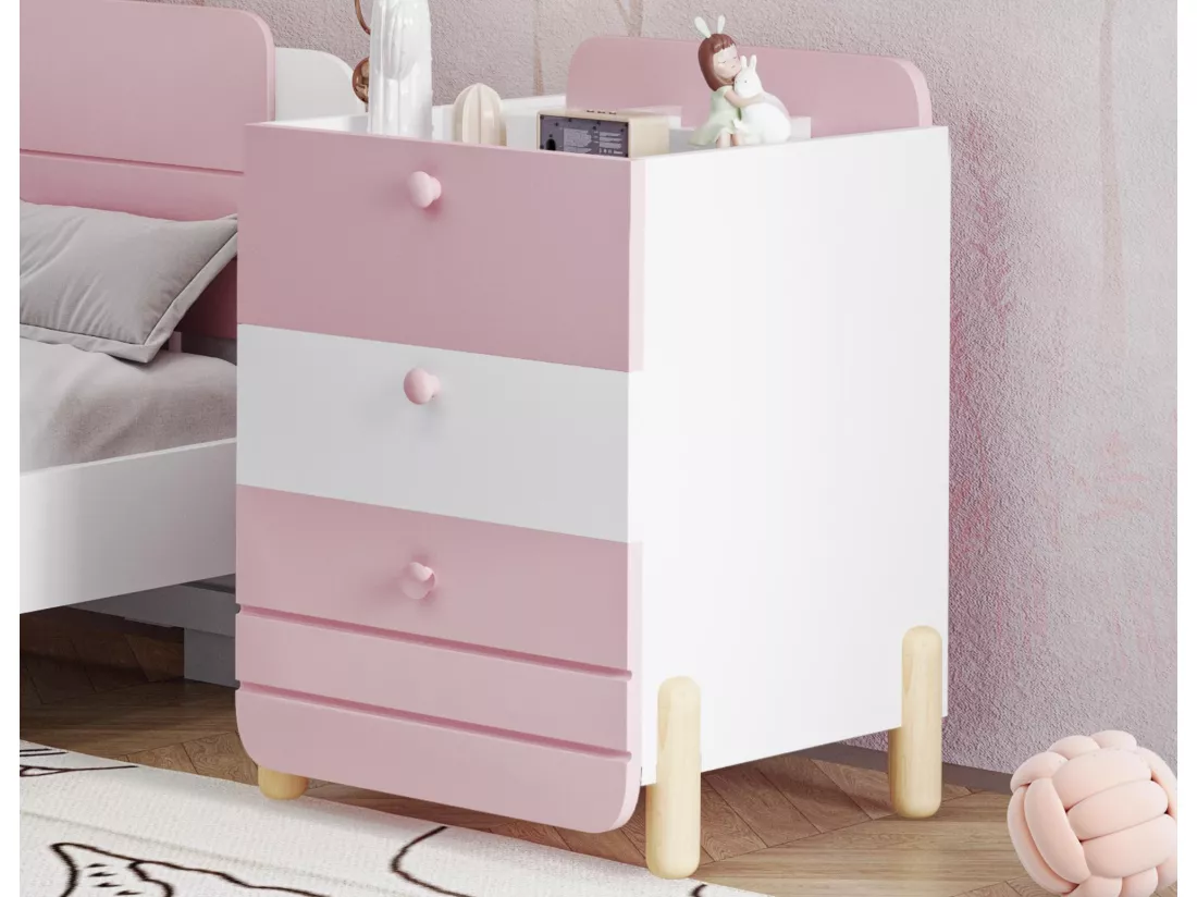 Table de chevet en bois - avec 3 tiroirs et étagères - Rose