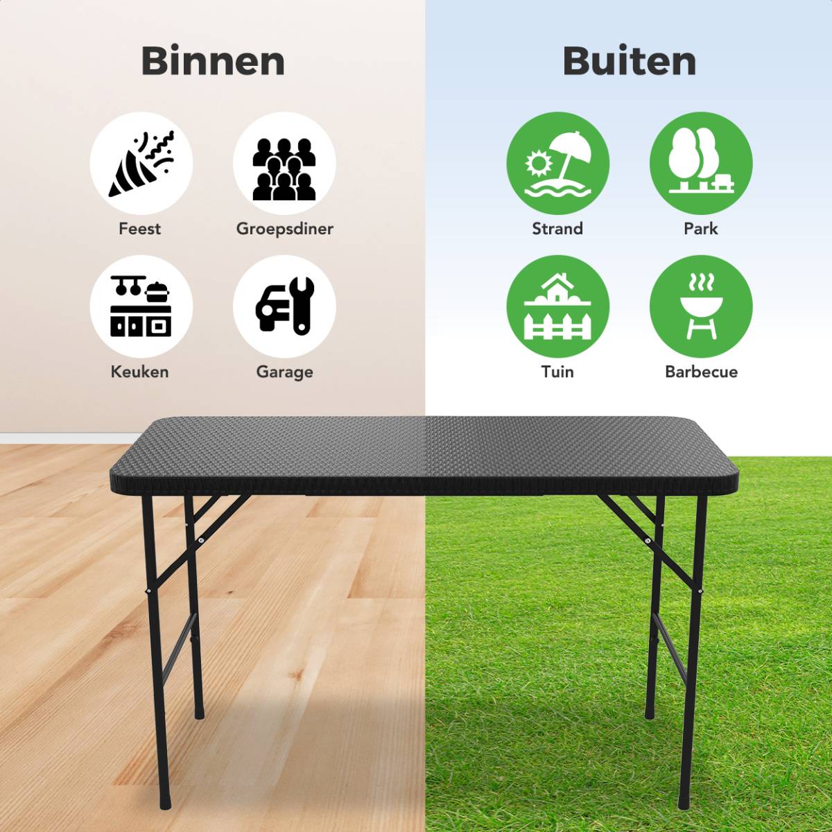 LifeGoods 120x60 cm Inklapbare vouwbare tafel  - Black