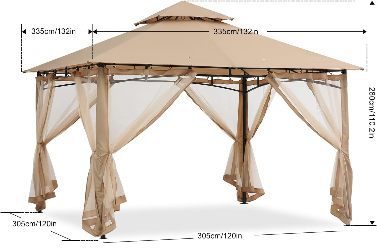 ABCCANOPY 3.35x3.35m Gartenpavillon für Terrasse Doppeldachweichdach Garten Hinterhof-Pavillon mit Netz für Schatten und Regen,Beige