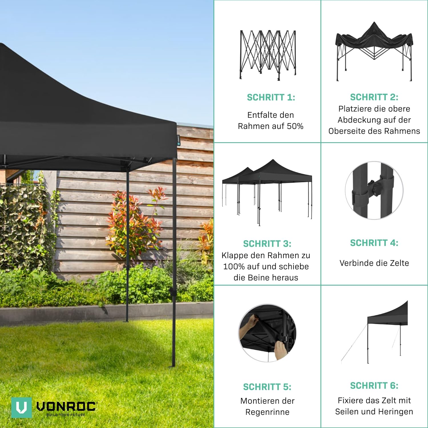 Pavillon Easy-Up 3 x 3 m – Gartenzelt mit Stahlrahmen, wasserdichte Plane, UV-Schutz 50+, Transporttasche mit Rädern – modular und erweiterbar (6x3m, Schwarz)
