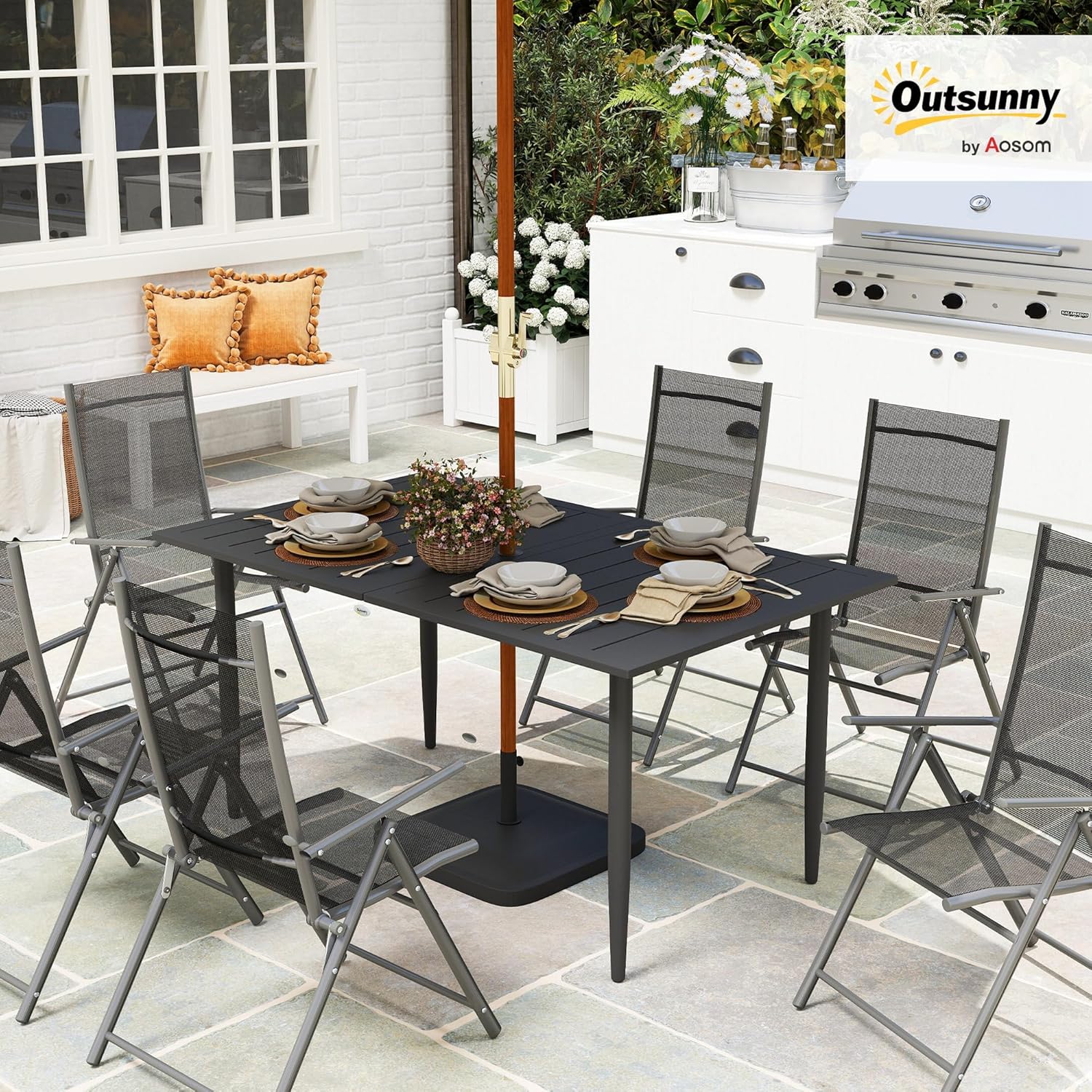 Outsunny Gartentisch 150x90cm, Wetterfest Balkontisch aus Stahl, Balkontisch mit Schirmloch Lamellendesign Outdoor Campingtisch Beistelltisch, rechteckig Terrassentisch für Garten Balkon Schwarz