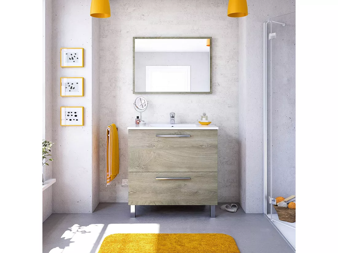 Meuble salle de bain 80 cm + 1 Miroir coloris Alaska chêne à nœuds - Longueur 80 x Hauteur 80 x Profondeur 45 cm