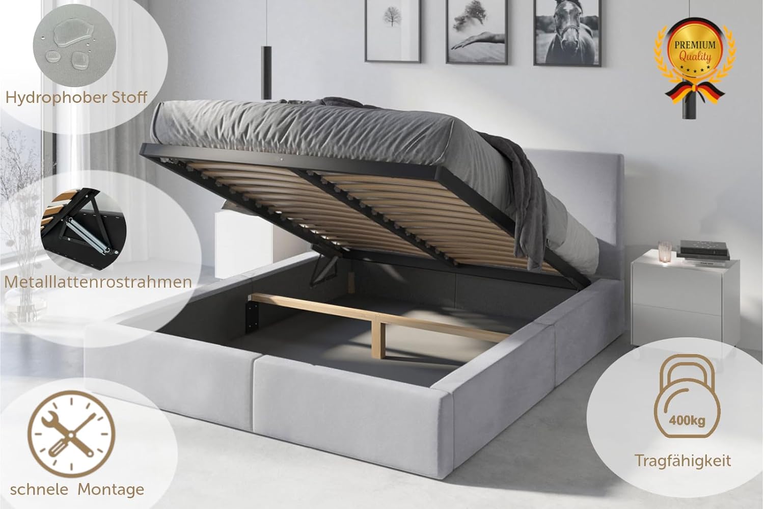 Interbeds Polsterbett 160x200 cm Bett Doppelbett mit Stauraum mit Lattenrost Bettkasten Boxspringbett hydrophob gepolsterter Bettrahmen (Hellgrau, 160x200cm)