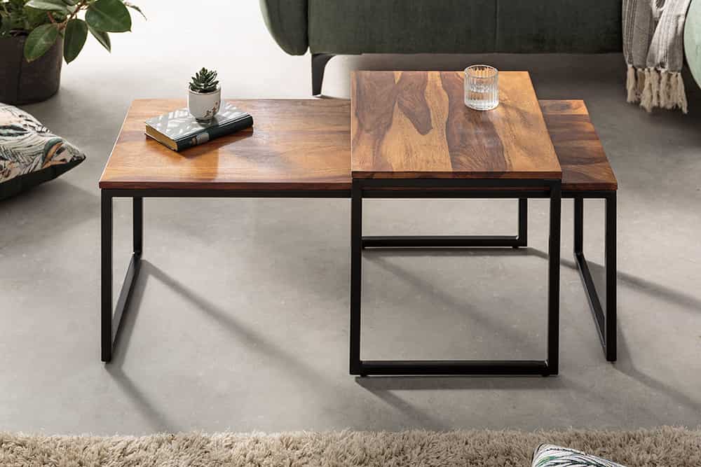 2er Set Design Couchtisch ELEMENTS 100cm Sheesham Massivholz stone finish Metallgestell