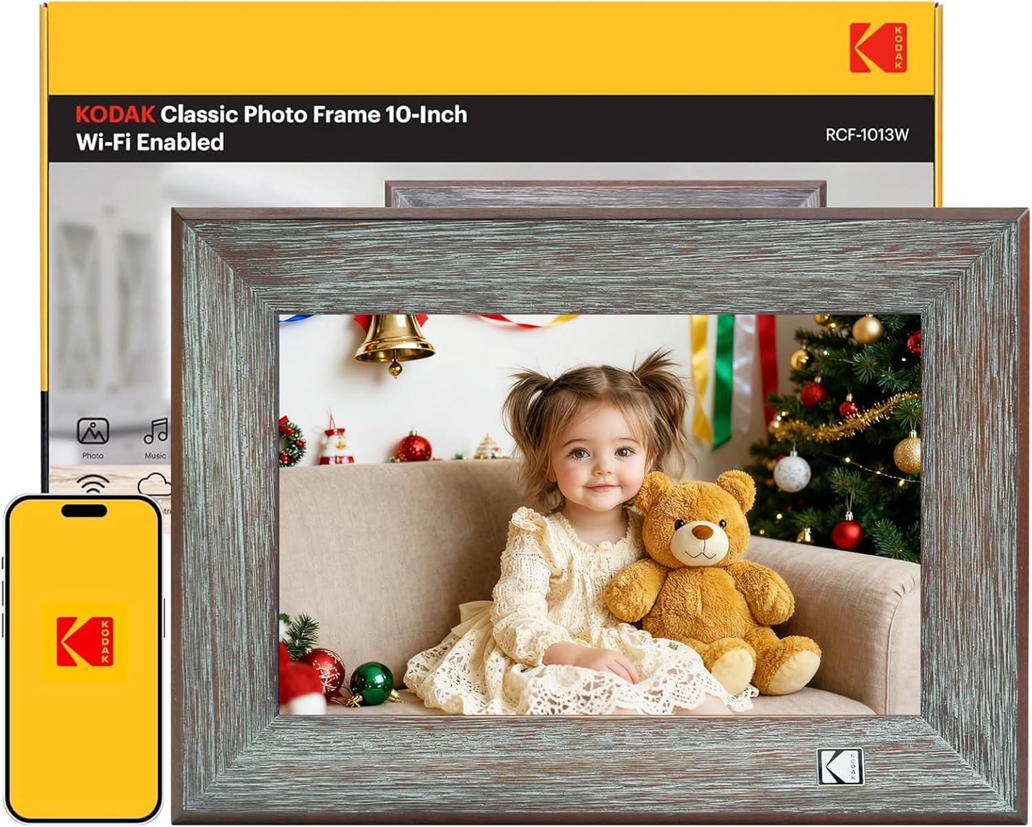 Digitaler Bilderrahmen 10.1 Zoll, Kodak WLAN Digitale Bilderrahmen 1013W, Hölzern Elektronischer Bilderrahmen mit 32 GB Speicher, HD IPS Touchscreen, Teilen Sie Fotos über App, Automatischer Drehung