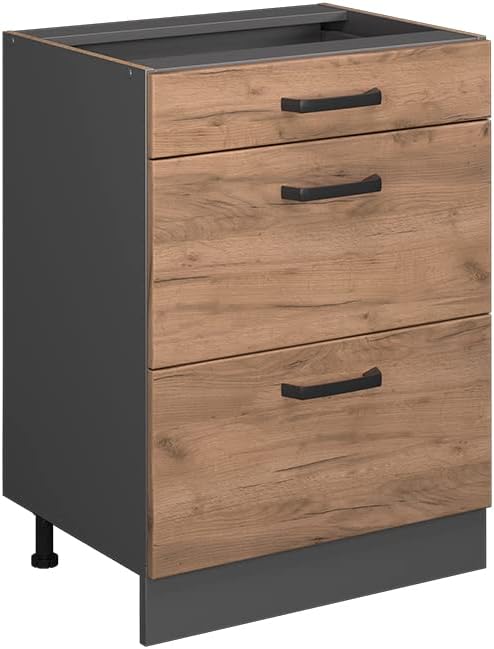 Vicco Küchenunterschrank R-Line, Goldkraft Eiche/Anthrazit, 60 cm mit Schubladen, ohne Arbeitsplatte