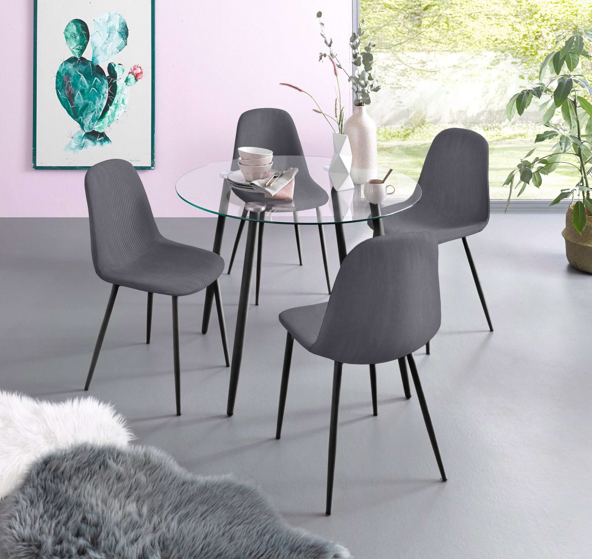 INOSIGN Essgruppe »Danny-Miller« Set, Set 100 cm, 5 Stk. tlg. Glastisch 100x100 cm mit 4 Stühlen in Cord, Gestell aus Metall