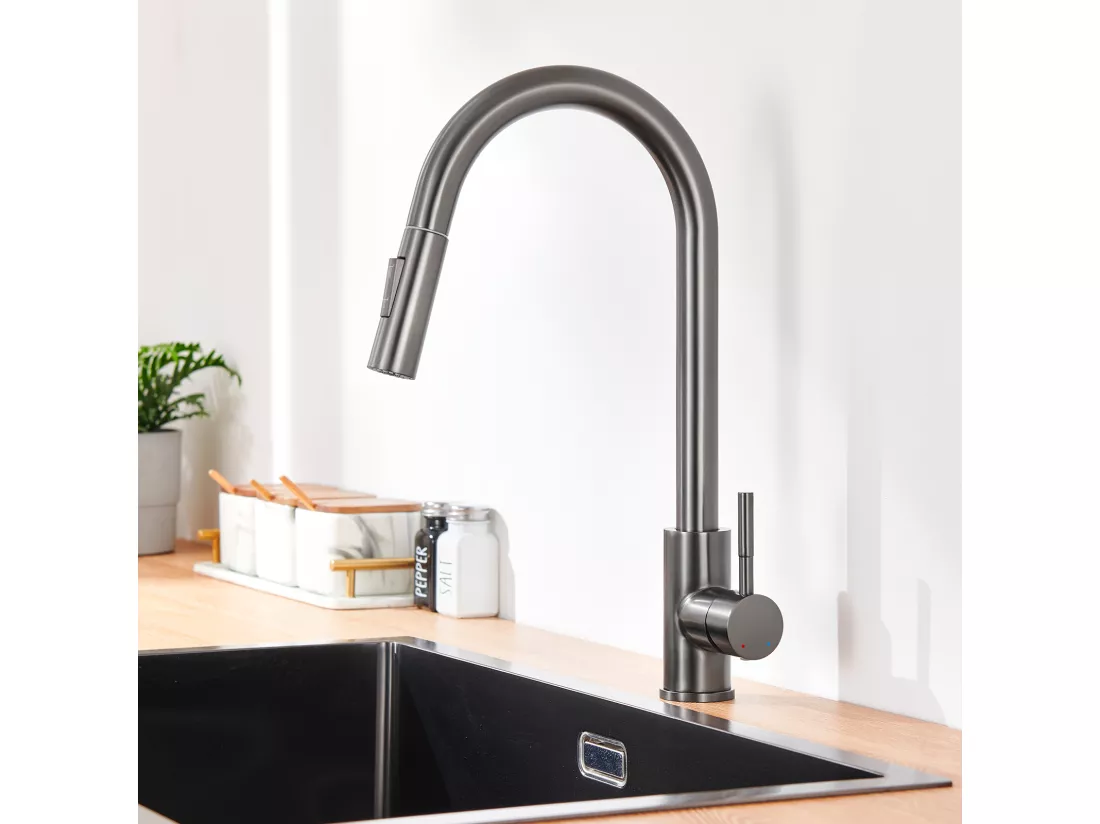Mitigeur de Cuisine avec Douchette Extractible,Rotatif à 360 °,Robinet d'Évier 2 Fonctions,Mélangeur de Cuisine en Acier Inoxydable,Gris Foncé