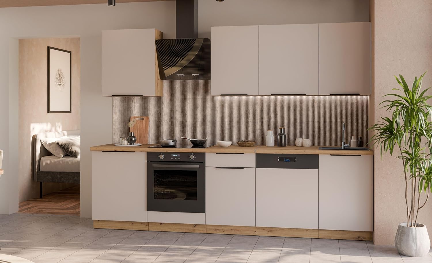 Kuechen-preisbombe Küche Solano Basic 280 cm Küchenzeile Küchenblock Einbauküche Kaschmir beige matt + Eiche Artisan matt