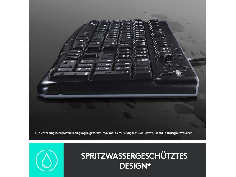 Logitech Tastatur K120 CH-Layout, kabelgebunden Spritzwassergeschützte Tastatur in voller Grösse die Komfort und Design vereint