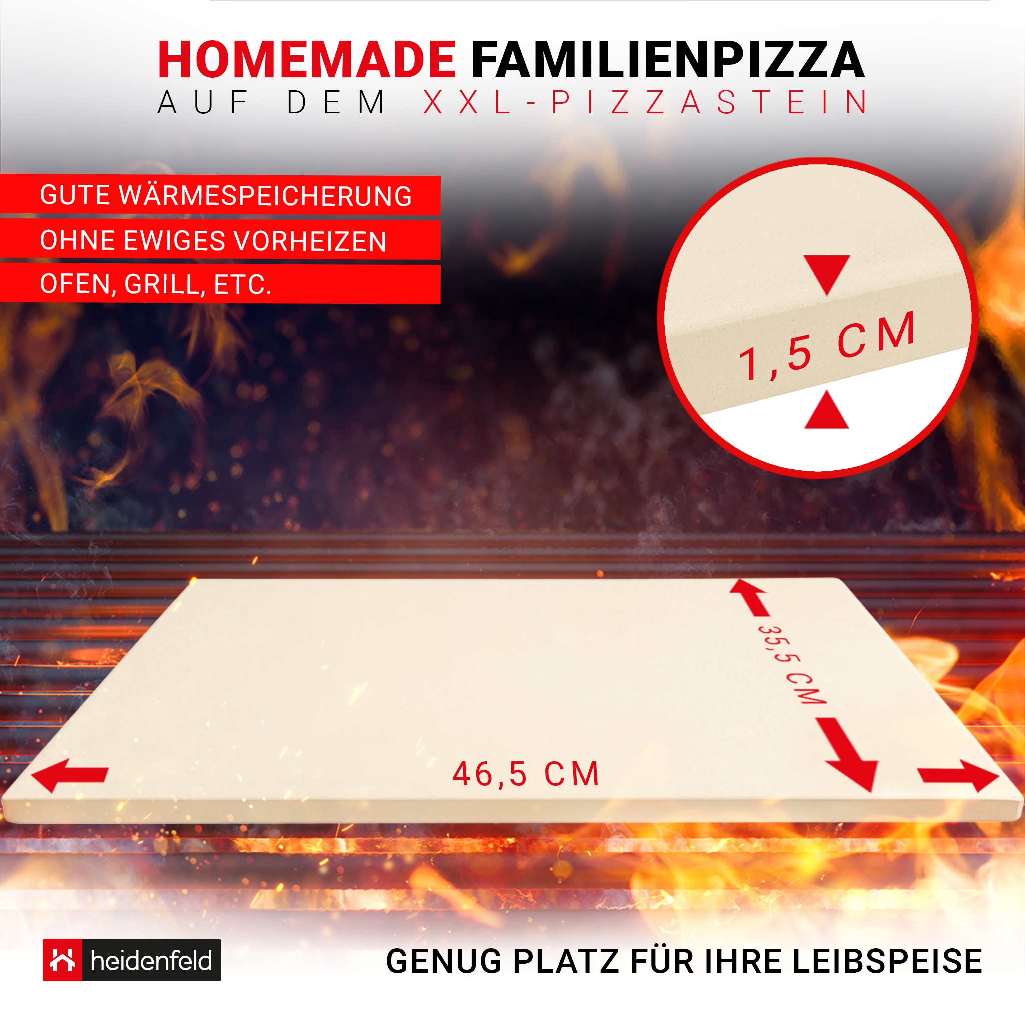 Heidenfeld XXL-Pizzastein, 46,5 x 35,5 x 1,5 cm, rechteckig, Cordierit, für Backofen oder Grill