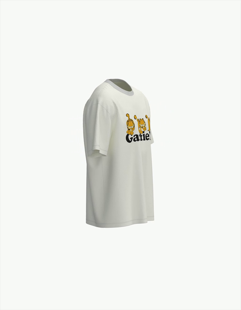 Camiseta de manga curta com estampa do Garfield e modelagem quadrada.
