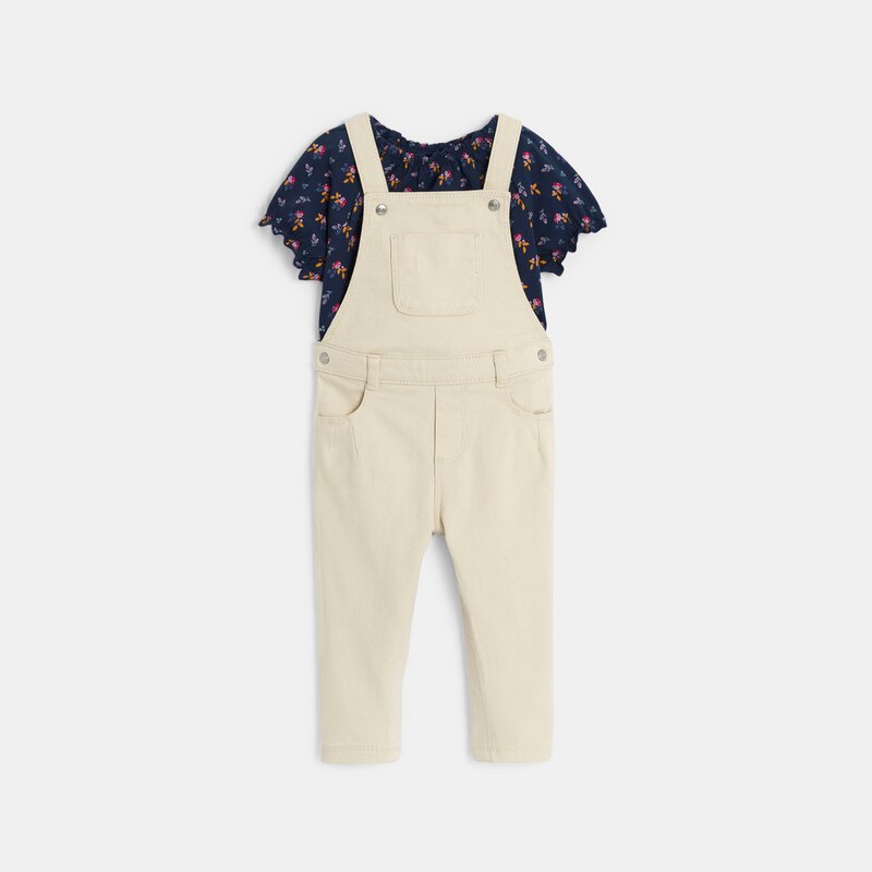 Salopette et tee-shirt fleuri blanc bébé fille Blanc