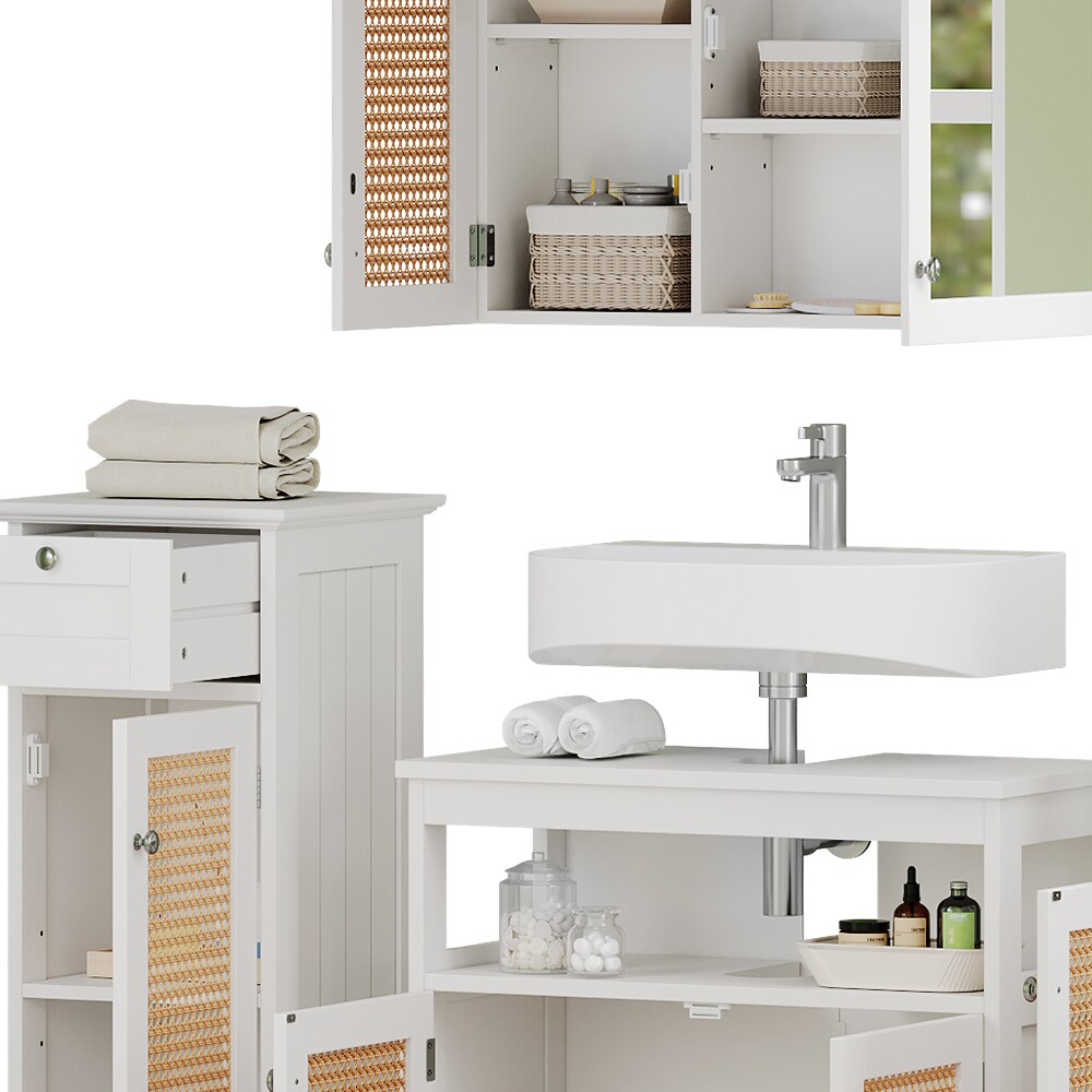 Vicco Badmöbel-Set Rosario, Weiß, moderne Serie, Badezimmer, dekorative Front, Spiegelschrank, Waschtischunterschrank, Midischrank, Hochschrank, Sideboard