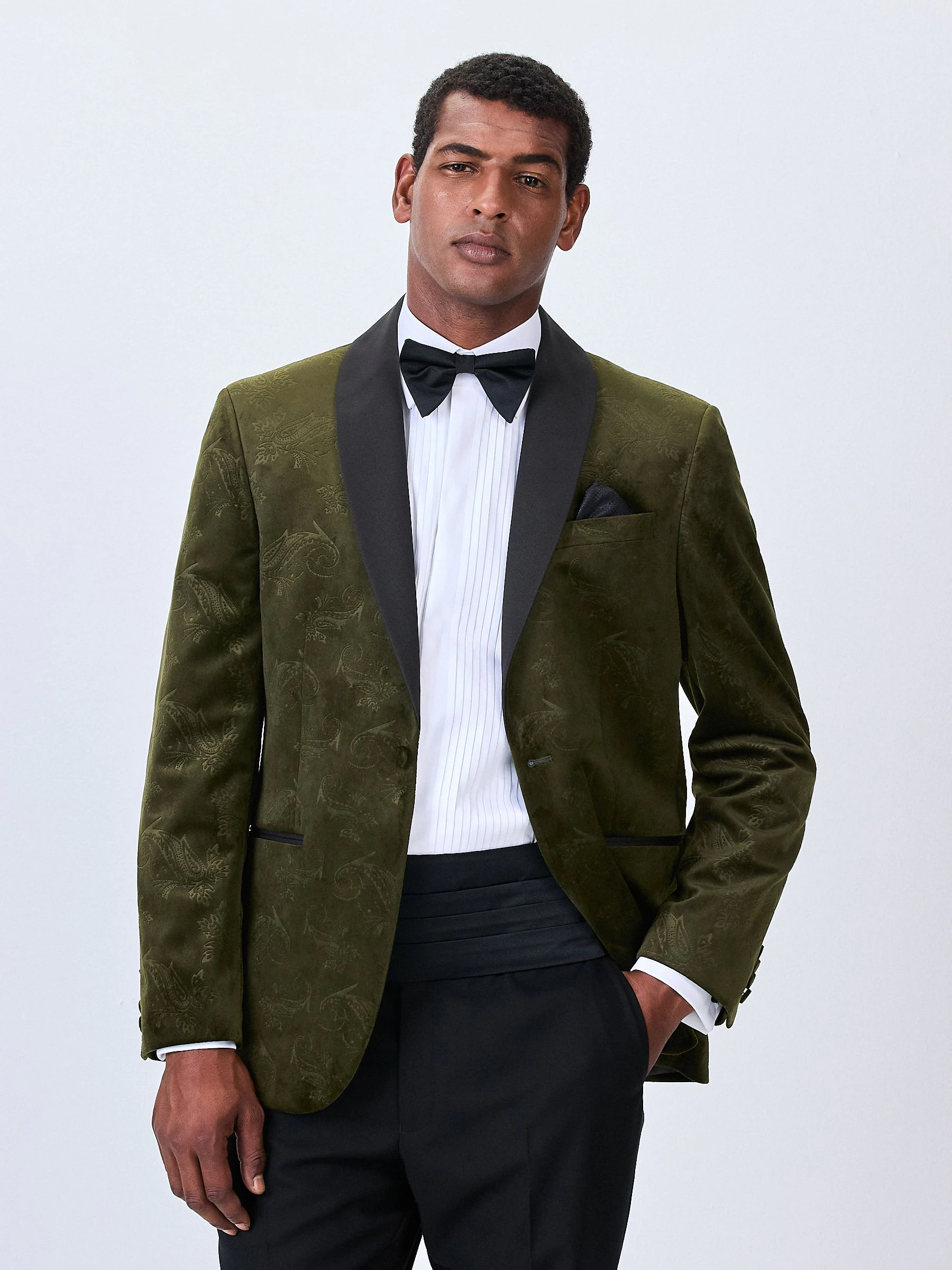 Olijfgroene Paisley - Normale Pasvorm - Fluwelen blazer met patroon