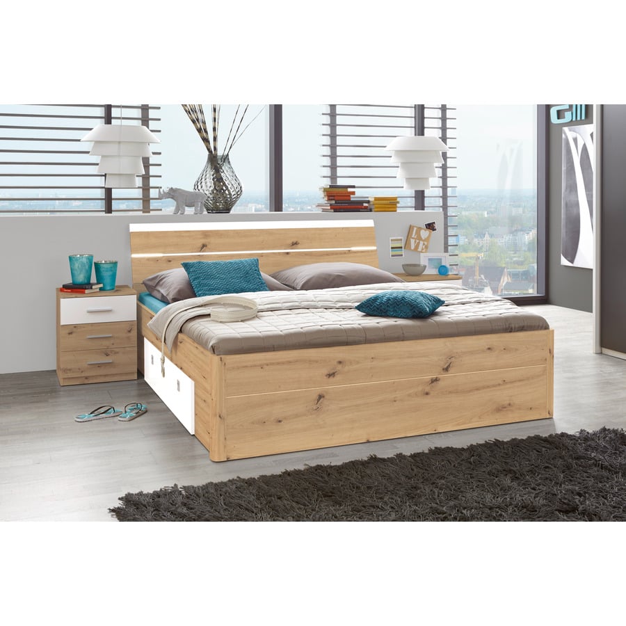 Bett Venus Dekor weiss 180 x 200 cm, mit Stauraum und Nachttisch