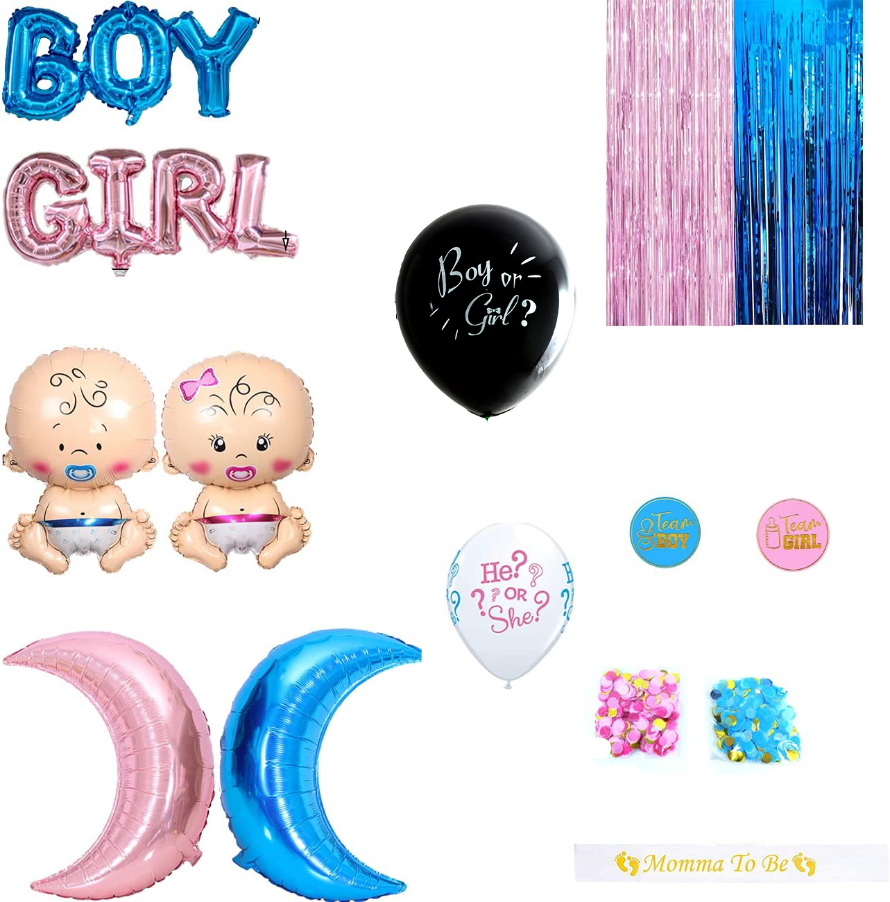 (73-tlg. Set) Baby Shower Party Deko Gender Reveal Ballons   Lametta Girlande / Schärpe / Sticker - Rosa / Blau