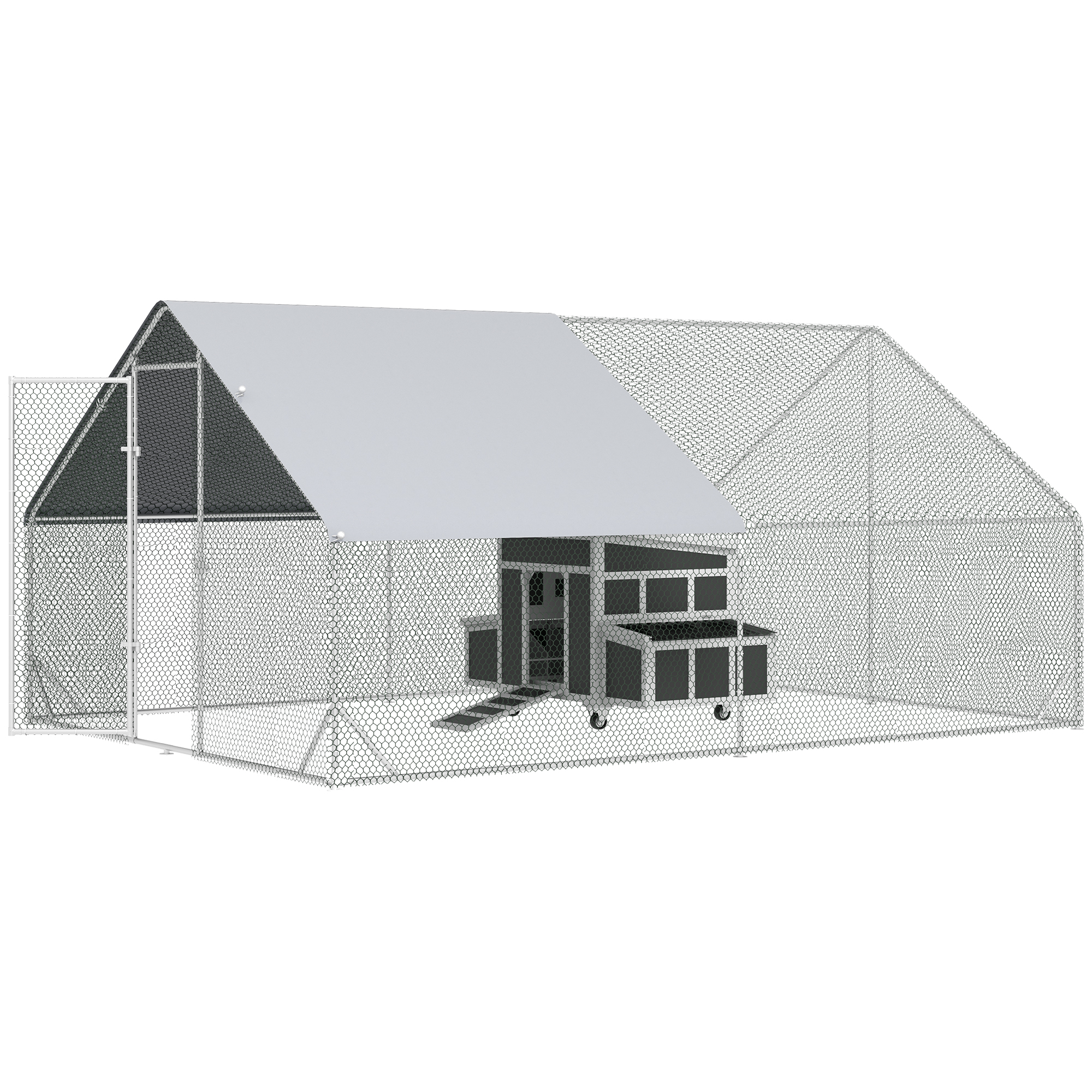Conjunto PawHut composto por 1 galinheiro de madeira com 2 ninhos, bandeja removível (150x100x96,5 cm) e 1 galinheiro grande de aço galvanizado para exterior (3x8x2 m).