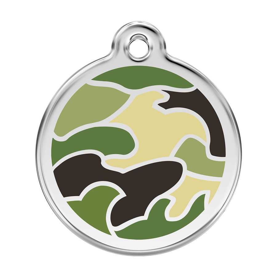 Placa de identificação para cães em aço inoxidável esmaltado com estampa camuflada verde.
