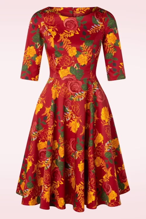 Topvintage Boutique Collection Topvintage Exclusive ~ Adriana Swing jurk met lange mouwen en bloemen in bordeaux