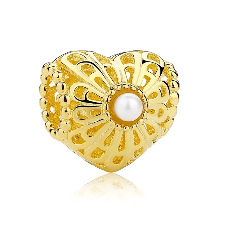Charms Bead Coeur Ciselé doré et Perle Blanche