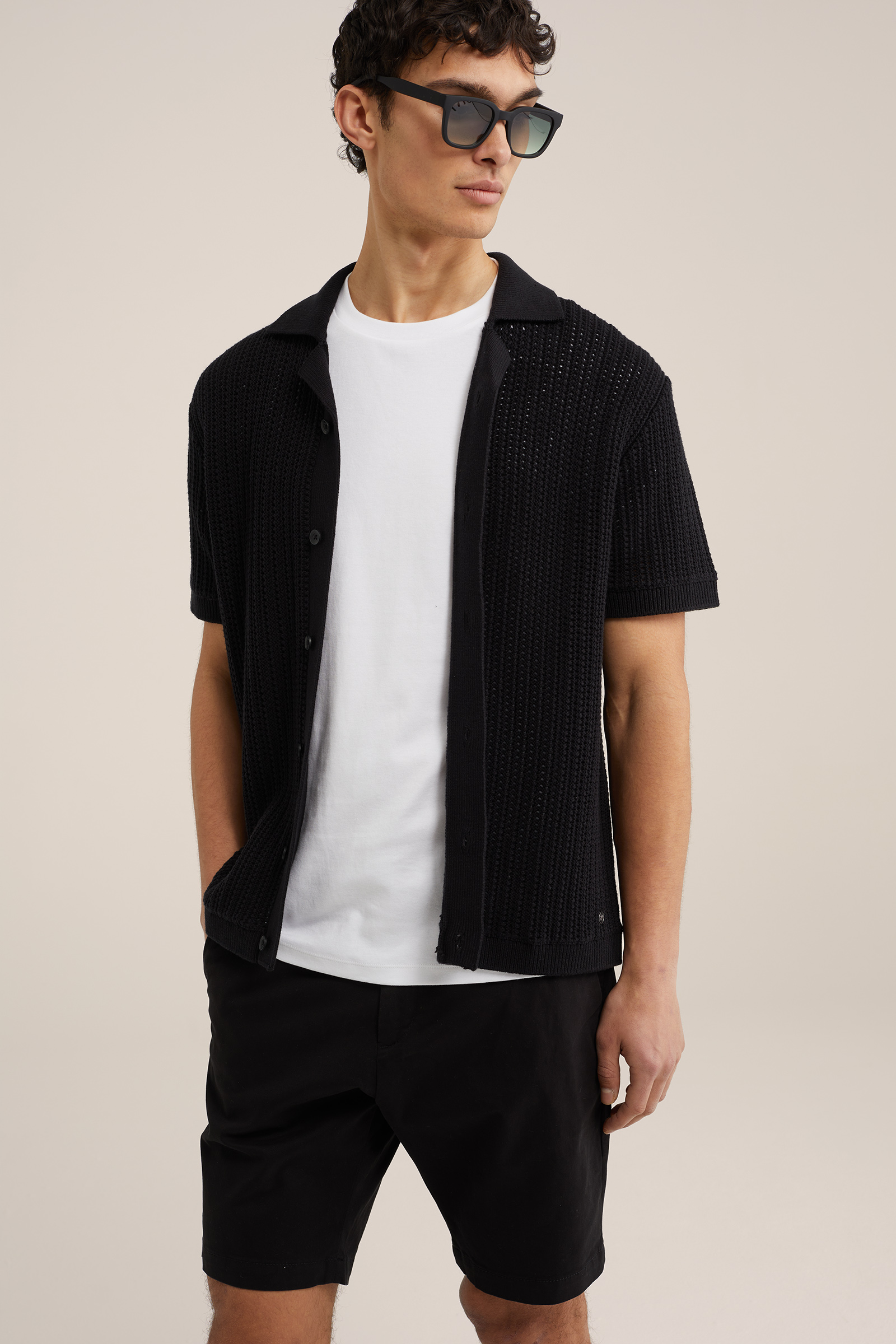 polo met opengewerkt dessin WE Fashion Zwart