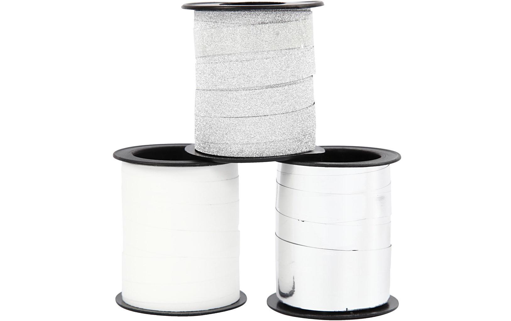 Geschenkband Weiss/Silber 1 cm x 15 m, 3 StückKräuselband für Geschenke