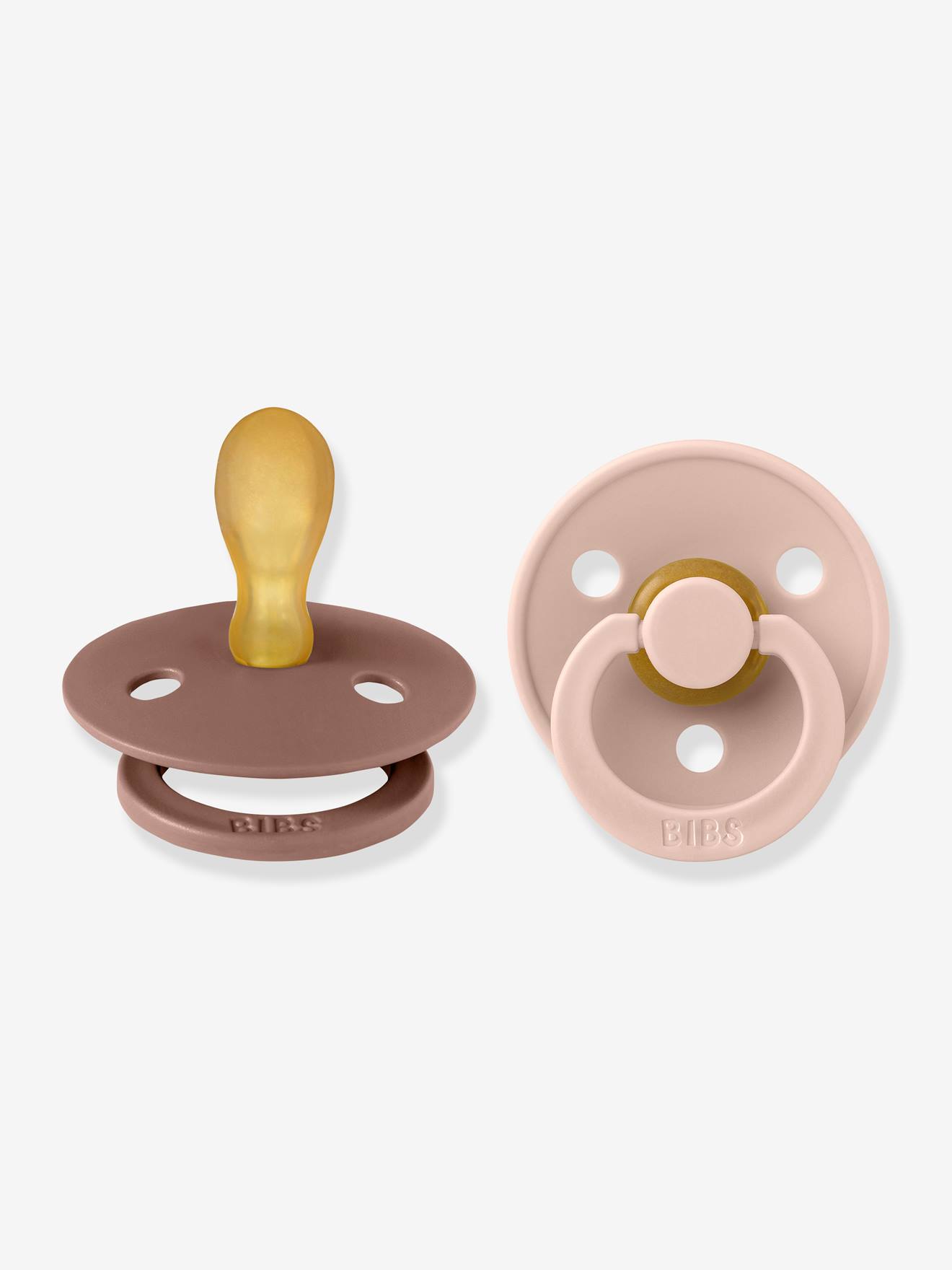 Pacote com 2 chupetas BIBS Colour, tamanho 2 para bebês de 6 a 18 meses, bege.