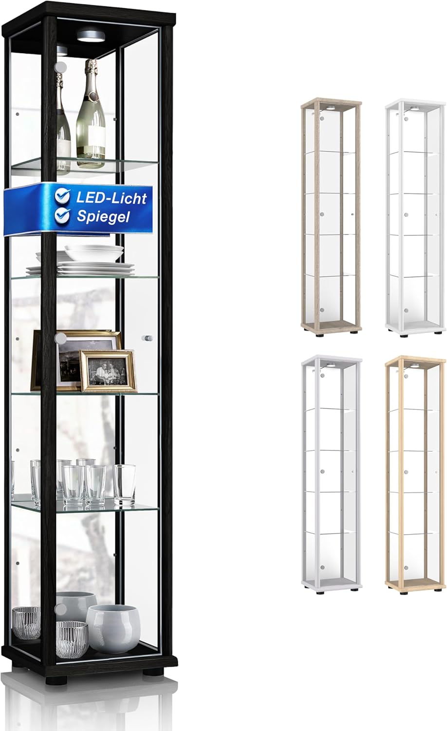 Standvitrine (176x37x33cm) - Made in Germany - Vitrinenschrank Schwarz mit 4 höhenverstellbaren Glasböden, Spiegel & LED - Glasvitrine Stehend - Vitrine Glas - Display Cabinet