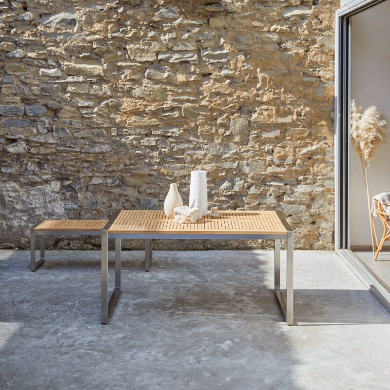 Table de jardin Arno en teck massif et inox, rectangulaire 150 x 90 cm