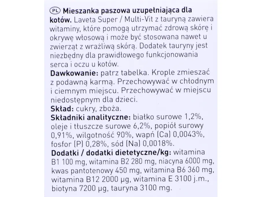 Beaphar Laveta Super, Kat, Dråber, Vitamin B1, Vitamin B12, vitamin B2, vitamin B6, vitamin E, Vitamin H (biotin), Kalcium, Phosphorus, Natrium, 50 ml, 1,2%